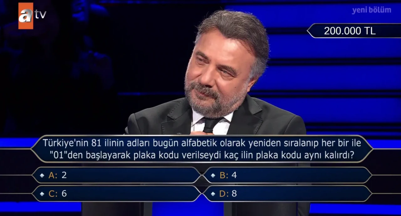 Türkiye'nin 81 ilinin adları bugün alfabetik olarak yeniden sıralanıp her bir ile "01"den başlayarak plaka kodu verilseydi kaç ilin plaka kodu aynı kalırdı? 2 mi, 4 mü, 6 mı, 8 mi?