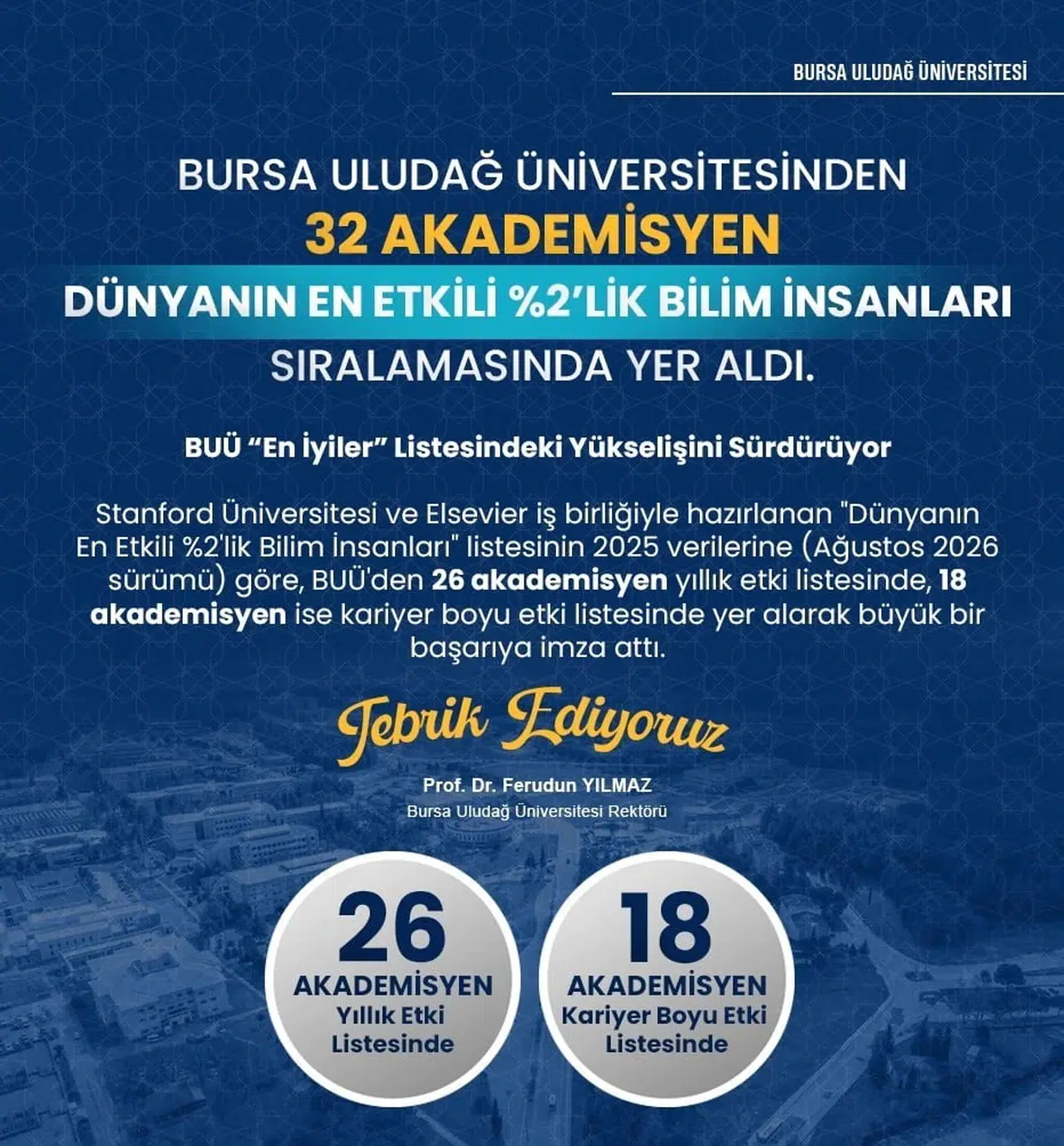 Bursa Uludağ Üniversitesi, dünyanın en etkili bilim insanları listesinde 26 akademisyenle yer aldı