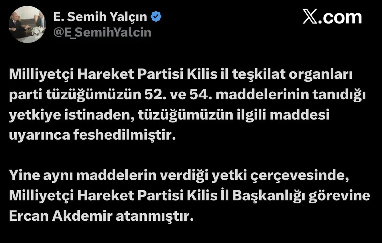 MHP Kilis’te bayrak değişimi: İl teşkilatı görevden alındı, yeni başkan belli oldu
