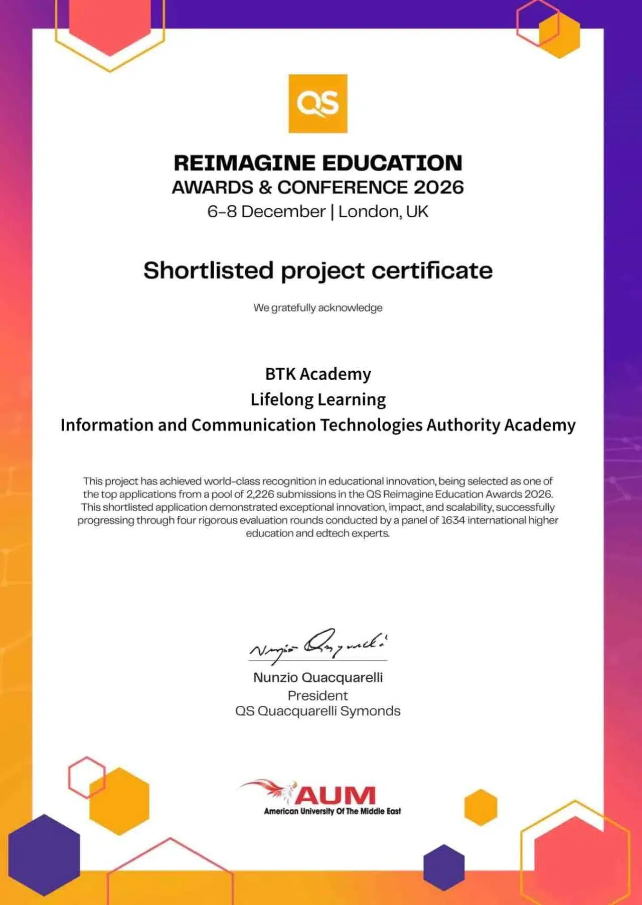 BTK Akademi, QS Reimagine Education Awards 2026'da kısa listede