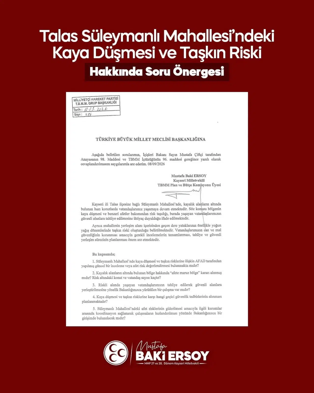 Kayseri'nin Süleymanlı Mahallesi'ndeki afet riskleri mecliste gündeme geldi