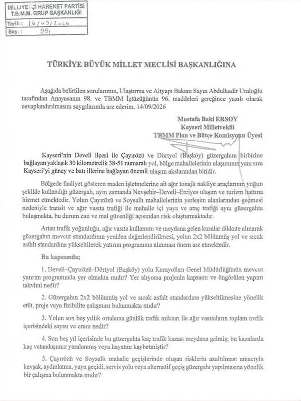 Baki Ersoy, Develi-Çayırözü-Dörtyol yolunda güvenliği artırmak için mecliste: gerekli düzenlemeler talep ediliyor