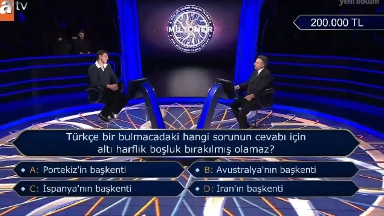 Türkçe bir bulmacada hangi sorunun cevabı altı harfli olamaz, Kim Milyoner Olmak İster sorusu neydi?