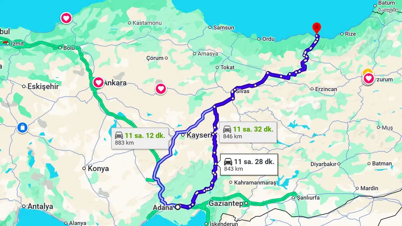 Adana Trabzon arası kaç kilometre ve kaç saat, araba ile kaç saat sürer, uçakla ne kadar?