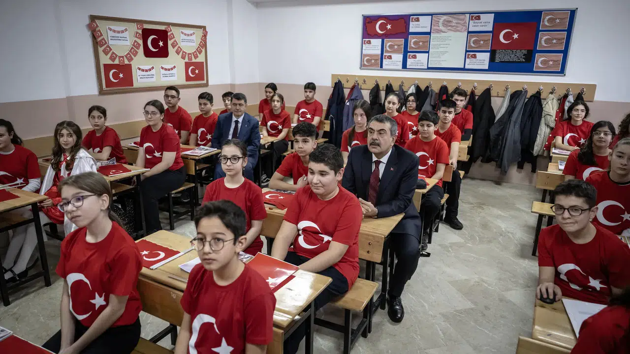 Bakan Tekin öğrencilerle aynı sırada: İlk dersin konusu bayrak sevgisi oldu
