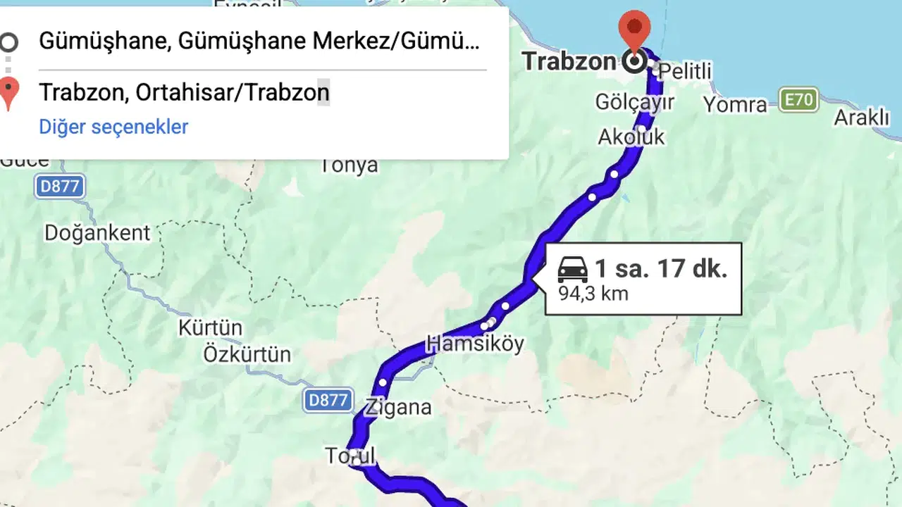 Trabzon Gümüşhane arası kaç km, kaç saat sürer, arabayla yol ne kadar, en kısa yol hangisi