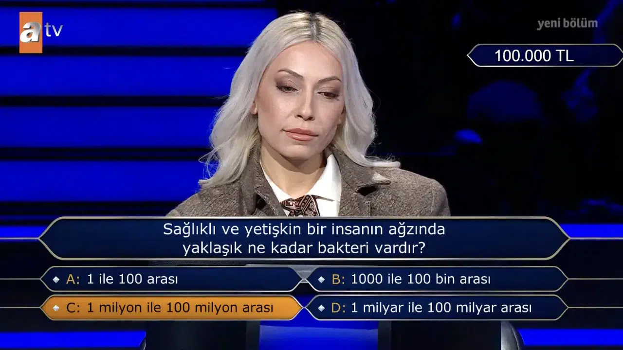 Sağlıklı ve yetişkin bir insanın ağzında yaklaşık ne kadar bakteri vardır? Doğru cevap ne?