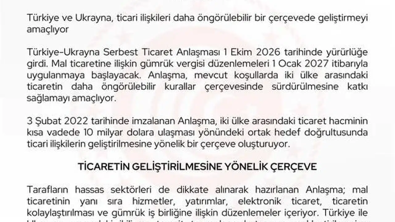 Türkiye-Ukrayna serbest ticaret anlaşması 1 Ekim'de yürürlüğe girdi