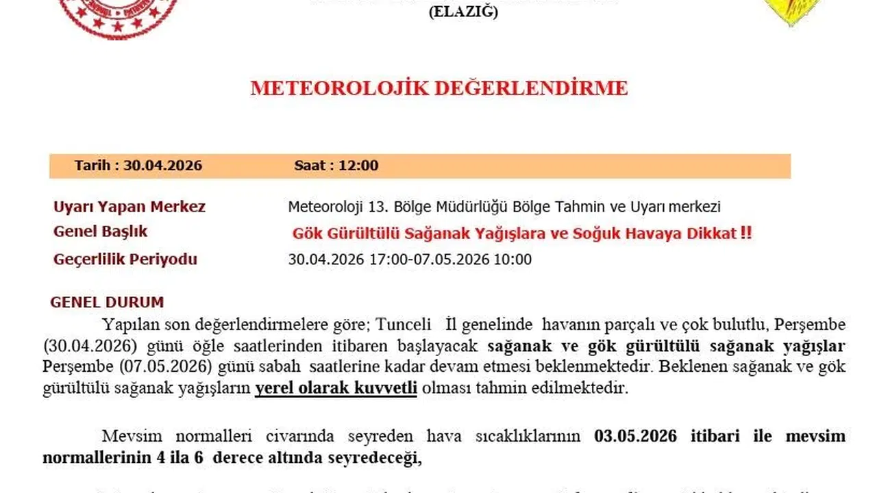 Tunceli'de hava durumu alarmı: Meteoroloji'den bir haftalık sağanak uyarısı geldi
