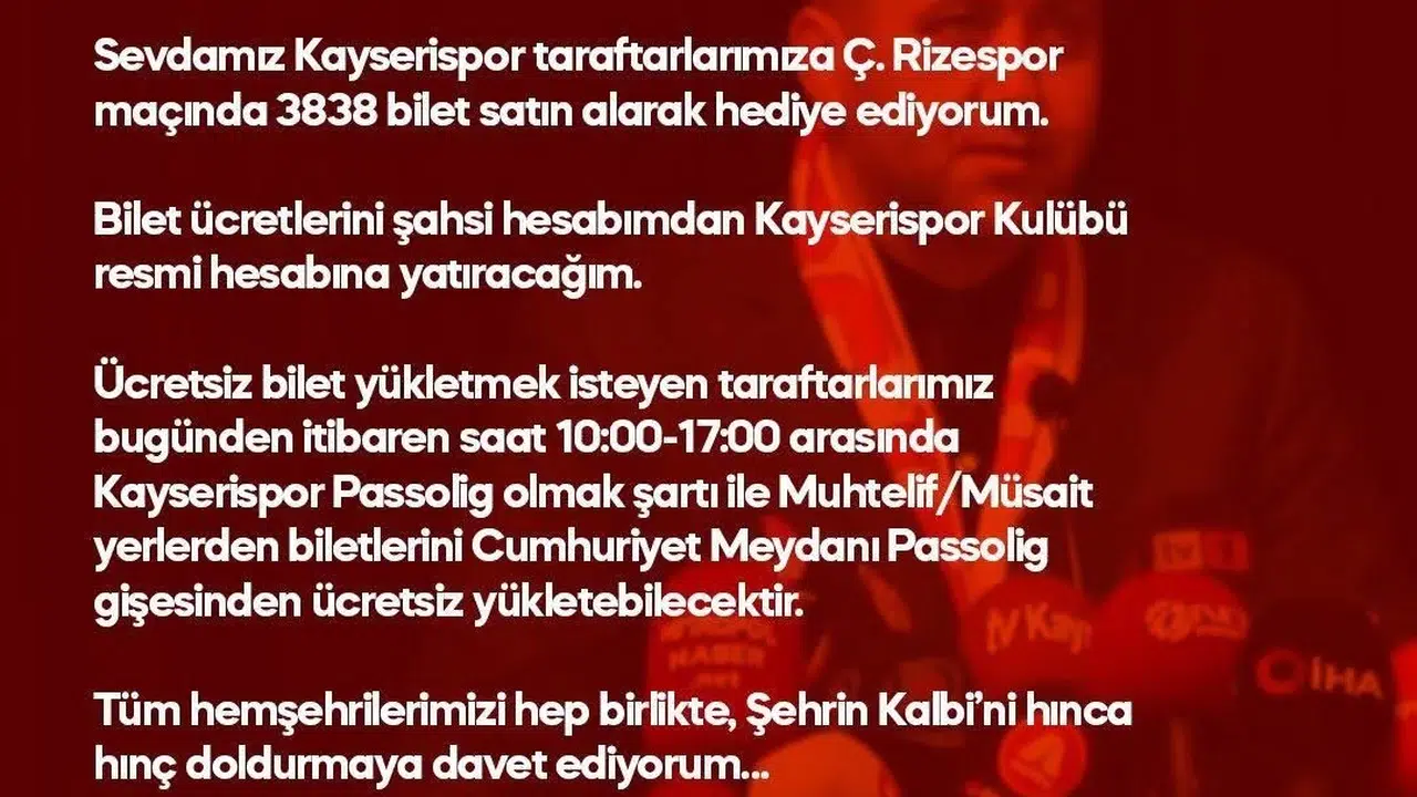 Tribünlere büyük jest: MHP'li Baki Ersoy'dan Kayserispor taraftarına 3838 biletlik dev destek