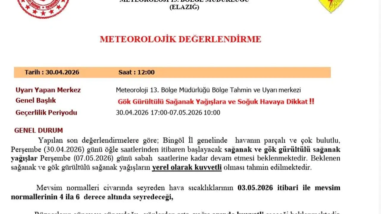 Bingöl'de hava durumu alarmı: Bir haftalık sağanak yağış geliyor