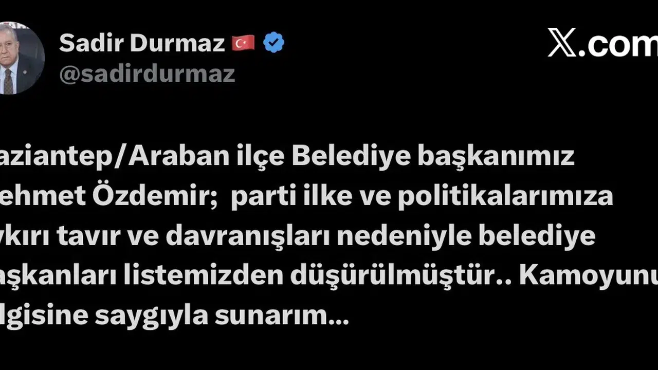 MHP'de flaş karar: Araban Belediye Başkanı ile yollar ayrıldı