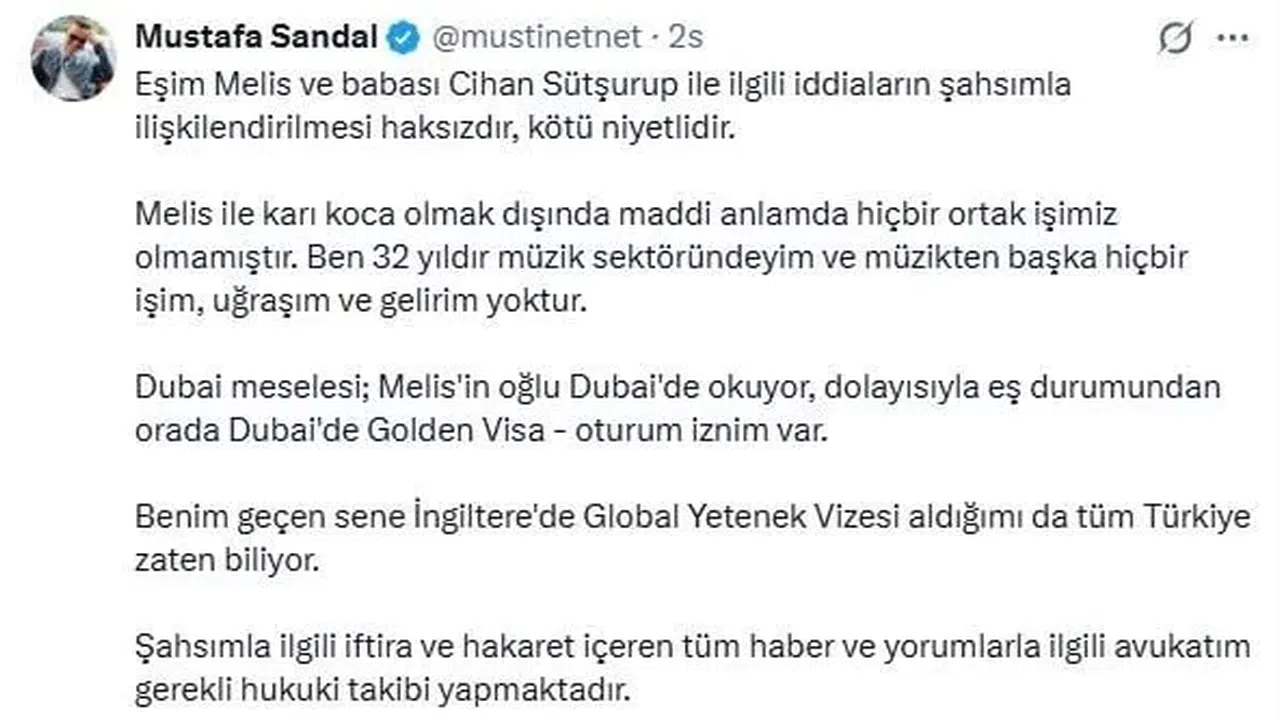 Mustafa Sandal: Melis ile maddi anlamda ortak işimiz yok