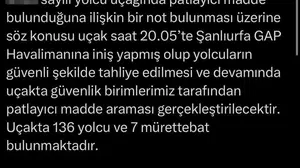 Şanlıurfa'daki uçakta bomba ihbarı üzerine acil tahliye yapıldı