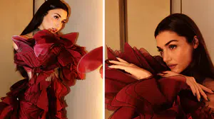 Hande Erçel Paris davetinde: Kırmızı-siyah elbisesiyle gündemde