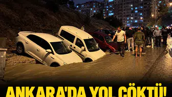 Ankara'da yol çöktü! Şiddetli sağanak yolu yuttu, araçlar çukura gömüldü