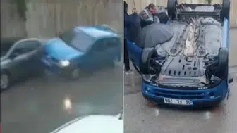 Otomobil park halindeki araca çarpıp ters döndü