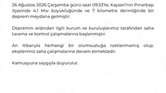 Kayseri'de meydana gelen depremde olumsuz bir durum tespit edilmedi