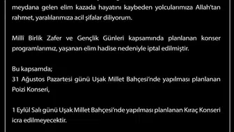 Uşak'ta Milli Birlik Zafer ve Gençlik Günleri konserleri iptal edildi