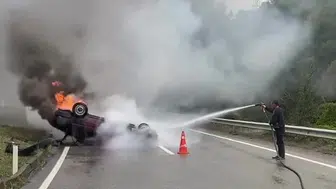 Zonguldak’ta takla atan otomobil yangında alev aldı: 1 yaralı