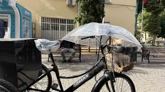 Eskişehir'de bisikletli vatandaş köpeğini yağmurdan korudu