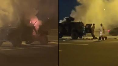 Polislerin içinde olduğu zırhlı araç alev aldı