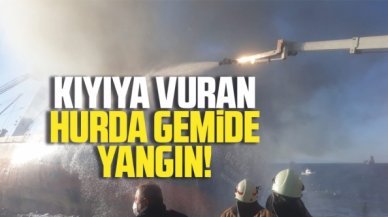 Kartal'da kıyıya vuran hurda gemide yangın