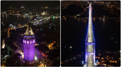 İstanbul'un simgeleri mor renkle ışıklandırıldı