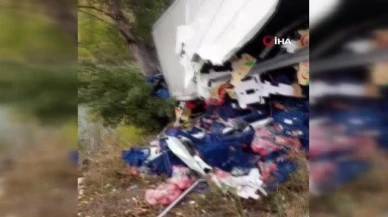 Sebze yüklü tır devrildi: Sürücü 2 saatlik çalışmayla kurtarıldı