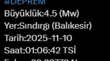 Balıkesir’de 4.5 büyüklüğünde deprem