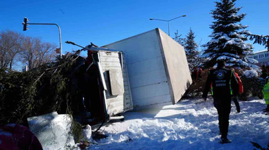 Erzurum’da kaza: Kamyon refüjde ağaca çarpıp yan yattı!