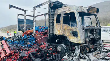 Lastiği patladı, felaket geldi! Kamyon saniyeler içinde kül oldu