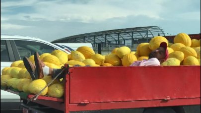 Kavun yüklü kamyonetin kasasında uyuyarak yolculuk