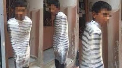 Akılalmaz olay! Hırsızlık yapan çocuğu streçle sardı!