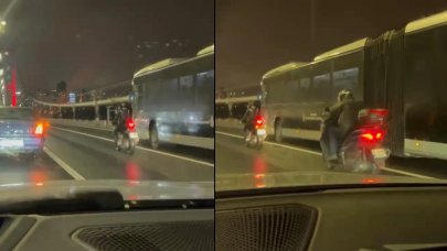 Motosikletlilerin yardımına metrobüsler yetişti: Rüzgara karşı böyle kalkan oldular