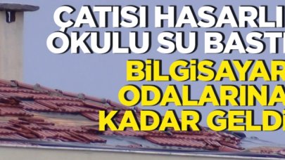 Arnavutköy'de lodosta çatısı hasar gören okulu su bastı