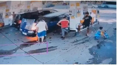 Sarıyer'de akaryakıt istasyonunda otomobilin alev aldığı anlar kamerada