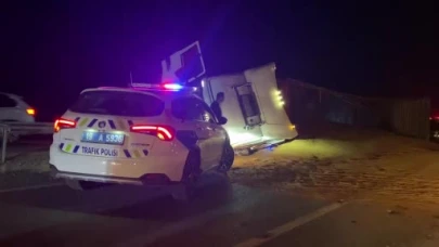 Tır devrildi, saçılan hayvan yemi yolu kapattı