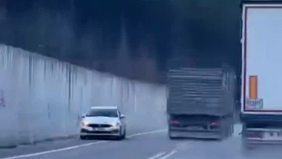 Kamyon sürücüsünden tehlikeli sollama: Yürekleri ağza getirdi!