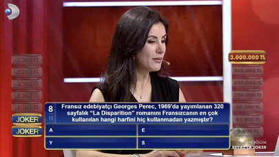 Fransız edebiyatçı Georges Perec, 1969'da yayımlanan 320 sayfalık 'La Disparition' romanını Fransızca'nın en çok kullanılan hangi harfini hiç kullanmadan yazmıştır?