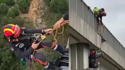 Viyadükte can pazarı! Metrelerce yüksekte mahsur kalan keçi için zamanla yarıştılar