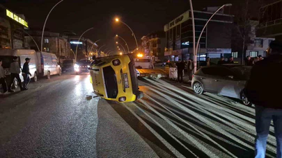 Sıkışan trafikte kontrolden çıkan taksi yan yattı