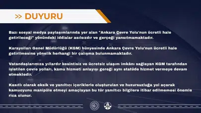 Ankara Çevre Yolu için "ücretli olacak" iddialarına KGM'den net yanıt: Sosyal medyadaki yalanlara itibar etmeyin