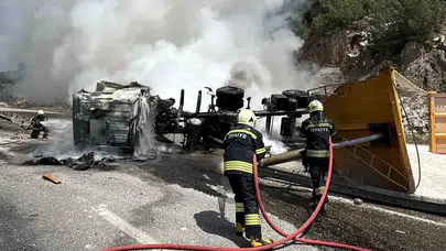Milas-Yatağan yolunda dehşet anları: Devrilen tır alev topuna döndü