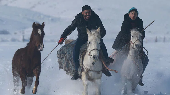 Yarışlara hazırladıkları atlarla kar üstünde antrenman yapıyorlar