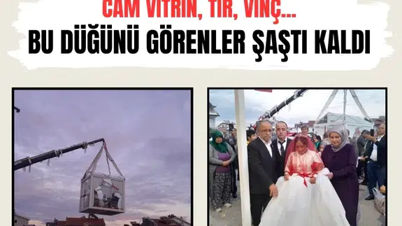 Gelinle damadı cam vitrine koyup vinçle getirdiler!