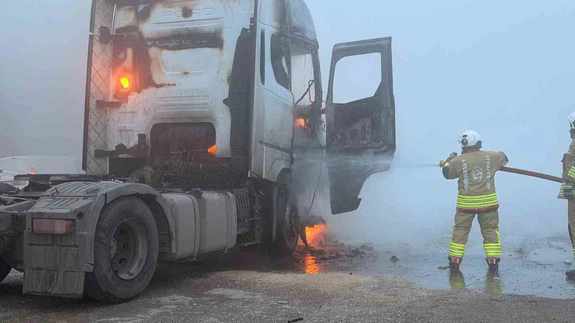 Alevler yolda dans etti: Seyir halindeki tır cayır cayır yandı!