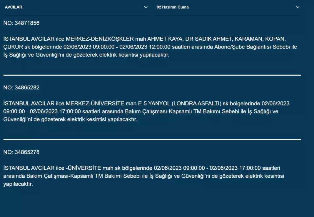 İstanbul'da O İlçelerde Elektrik Kesintisi Var! 02 Haziran 2023 Cuma 23