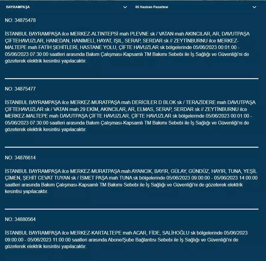 İstanbul'da yarın hangi ilçelerde elektrik kesintisi olacak 18