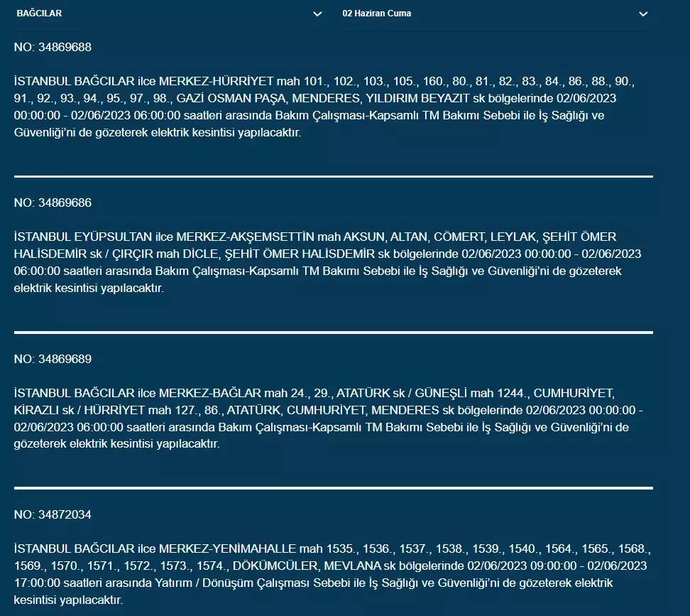 İstanbul'da O İlçelerde Elektrik Kesintisi Var! 02 Haziran 2023 Cuma 20